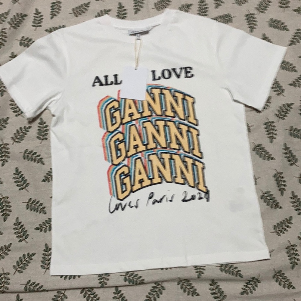 Ganni All is love Paris 2024 Graphic Tee White Designer Cotton T-shirt NWT sizeS